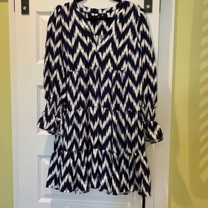 Pomander Place White and Blue Ruffled Tiered Sundress with Bell Sleeves